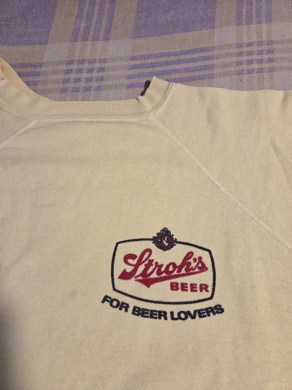 Vintage 60s Stroh's Beer Lovers Sweatshirt Rare 22x22 Faded Yellow Cotton Raglan